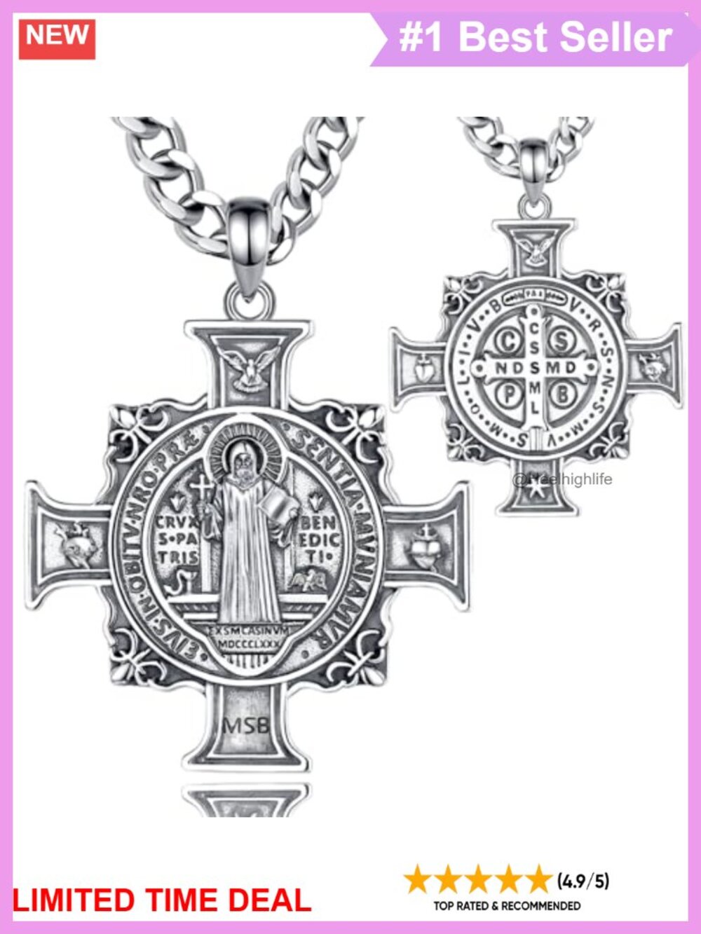 S925 Sterling Silver St Benedict Medal Necklace Pendant Saint Patron